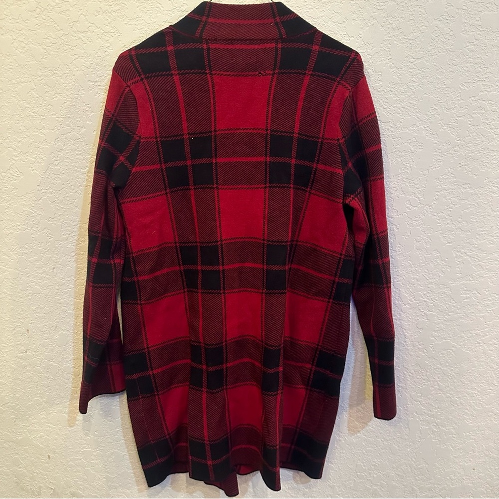 Anne Klein Medium Red & Black Buffalo Check Plaid Open Front Utility Winter Coat - Picture 2 of 8